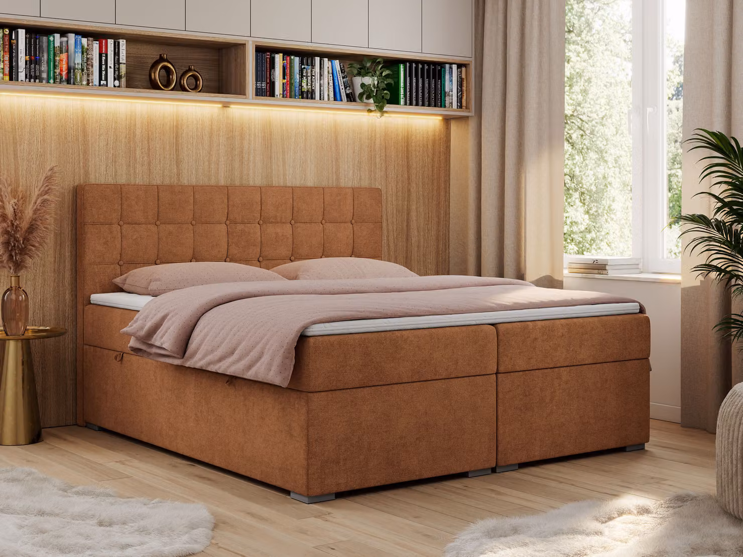 Letto boxspring, letto matrimoniale, letto imbottito con testiera, contenitore - CARMEN - 120x200 - Arancione - Struttura - H4
