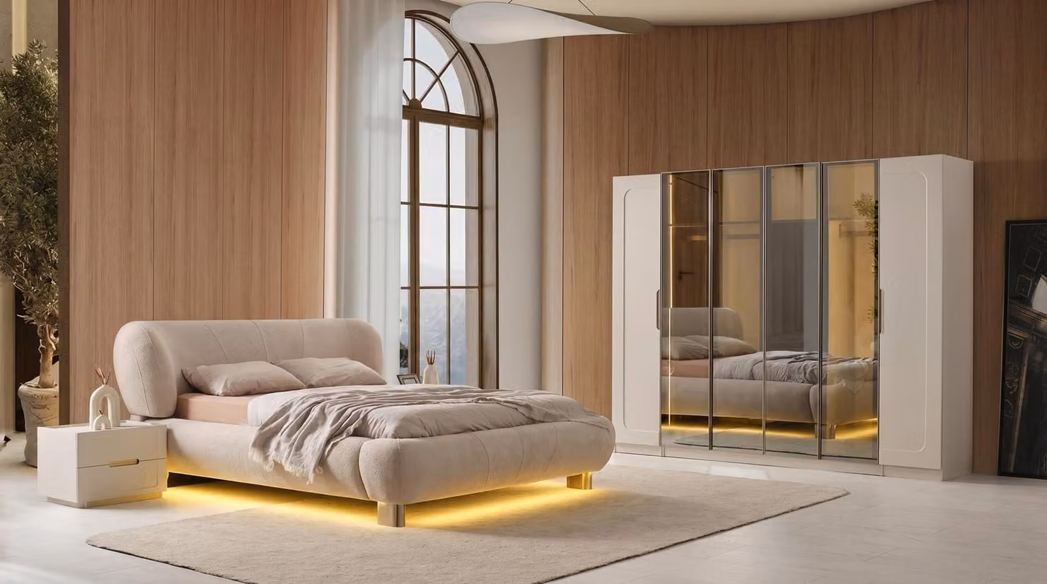 Set per camera da letto: letto, comodini, armadio. Stile elegante, comfort elevato