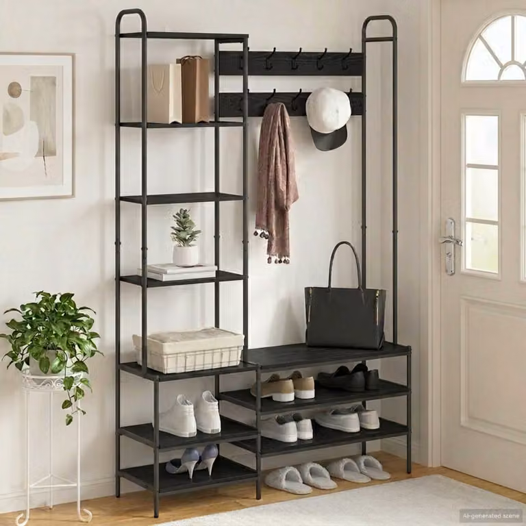 vidaXL Appendiabiti con panca per scarpe in stile industriale, Nero, L: 120,5 cm, P: 34 cm, H: 190 cm