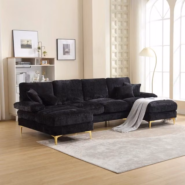 Divano Sezionale a U REDOM in Chenille Nero con Cuscini, L 272 cm x P 136 cm x H 88 cm