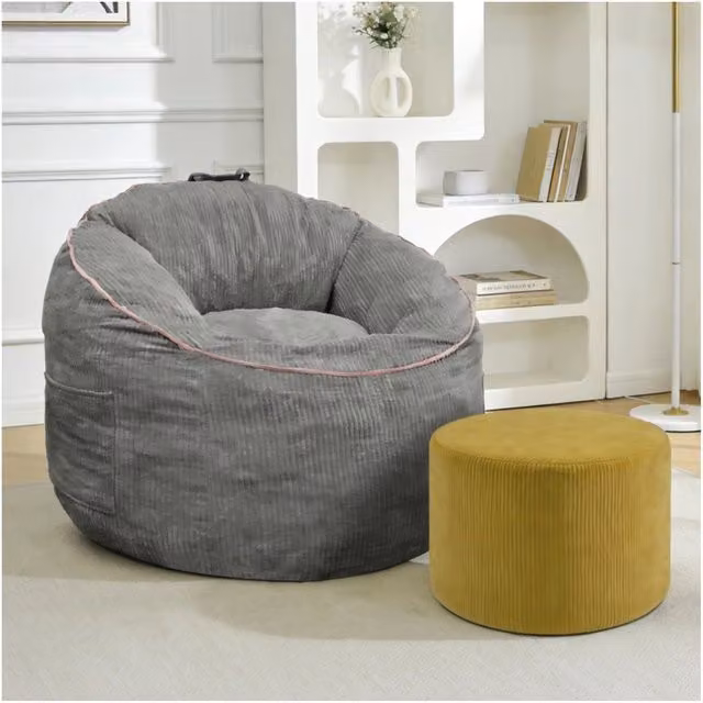 Set Poltrona Sacco Pouf Curva con Tasca Portaoggetti e Pouf Cilindrico Abbinato MINIMAL in Velluto a Costine Grigio