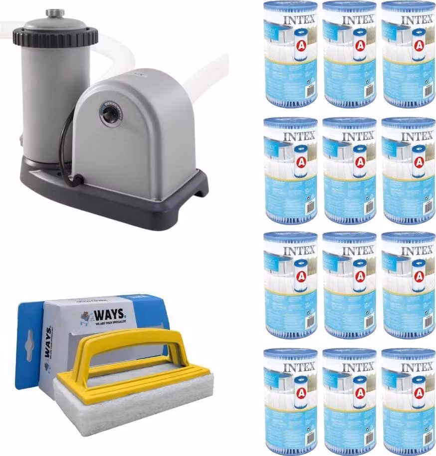 WAYS - Cura della piscina - Pompa filtro 5678 L/u e 12 filtri di tipo A & spazzola WAYS per il lavaggio