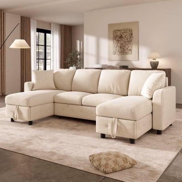 Divano angolare convertibile OKWISH in ciniglia beige con letto estraibile, contenitore e porte USB e Type-C, L/P/H: 260 x 128 x 82 cm