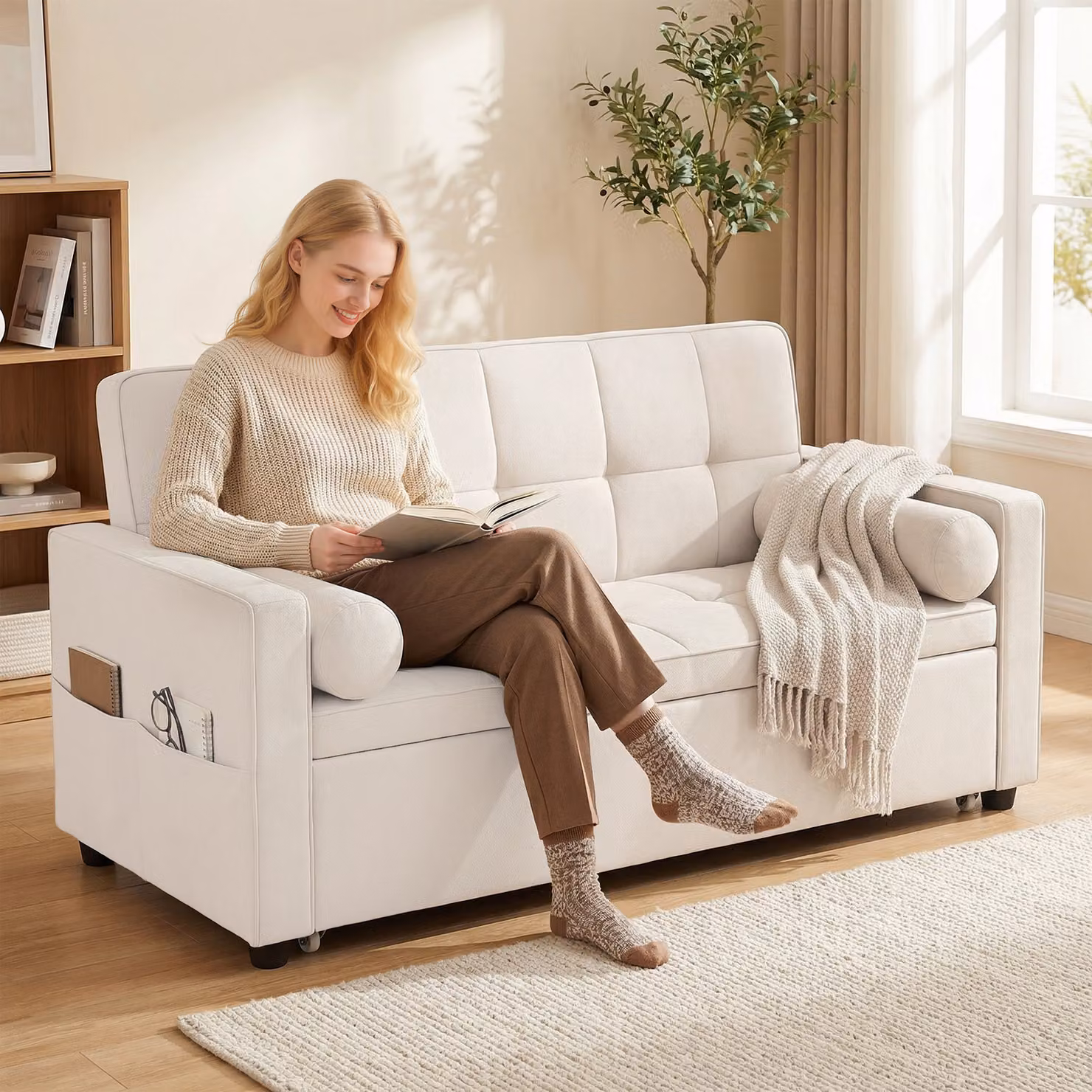 Divano letto 2 posti HOMCOM 3 in 1 con letto estraibile, schienale regolabile e 2 cuscini, beige, L: 137,5 cm, P: 80,5 cm, H: 84 cm – 2