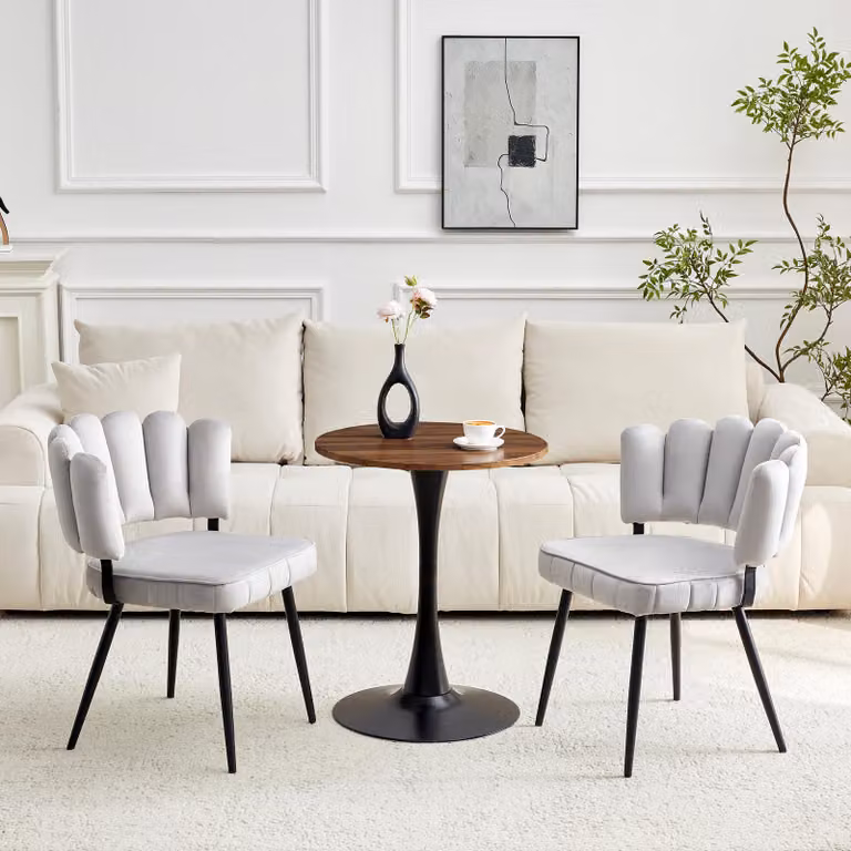 Set tavolo e sedie, tavolo rotondo da 60 cm, in MDF, 2 sedie imbottite, schienale a forma di petalo (grigio chiaro, noce e nero)