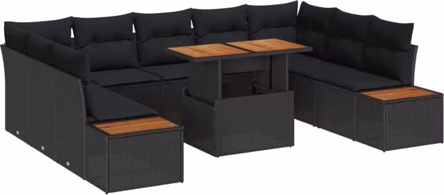 Set da giardino moderno vidaXL composto da 10 pezzi in polyrattan nero con cuscini e tavolino da caffè a forma di U