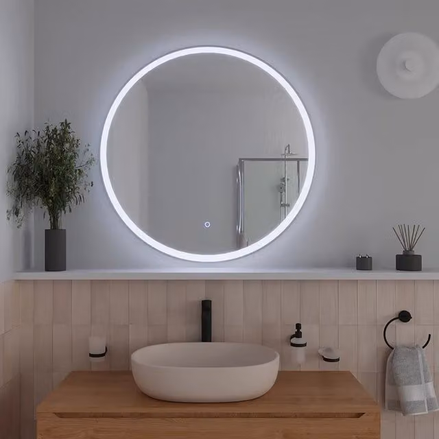 Specchio tondo con LED Parama, cornice bianco opaco, touch screen e luce calda/fredda, Diametro: 80 cm