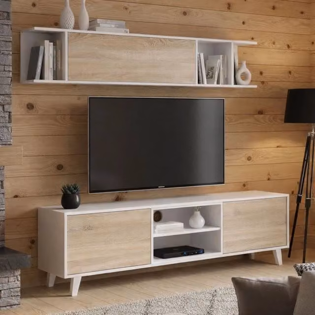 Parete attrezzata Aslan DMORA per soggiorno con mobile porta TV e pensile, Bianco e Rovere, L: 180 cm, P: 51 cm, H: 41 cm