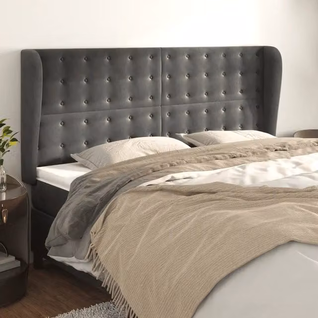Testiera con Orecchie Design Mania in Velluto Grigio, L: 183 cm, P: 23 cm, H: 118/128 cm