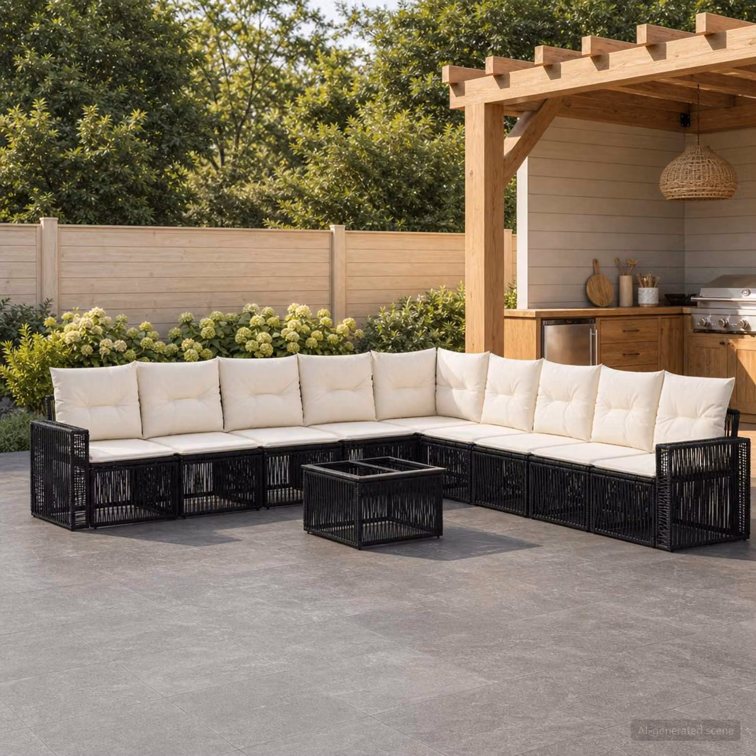 Set Divano da Giardino vidaXL 10 Pezzi in Polyrattan con Cuscini, Colore Nero e Bianco Crema