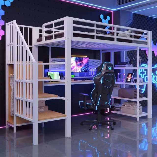 Letto a soppalco 90x200 cm con scrivania lunga, scala contenitore e scaffali integrati, bianco