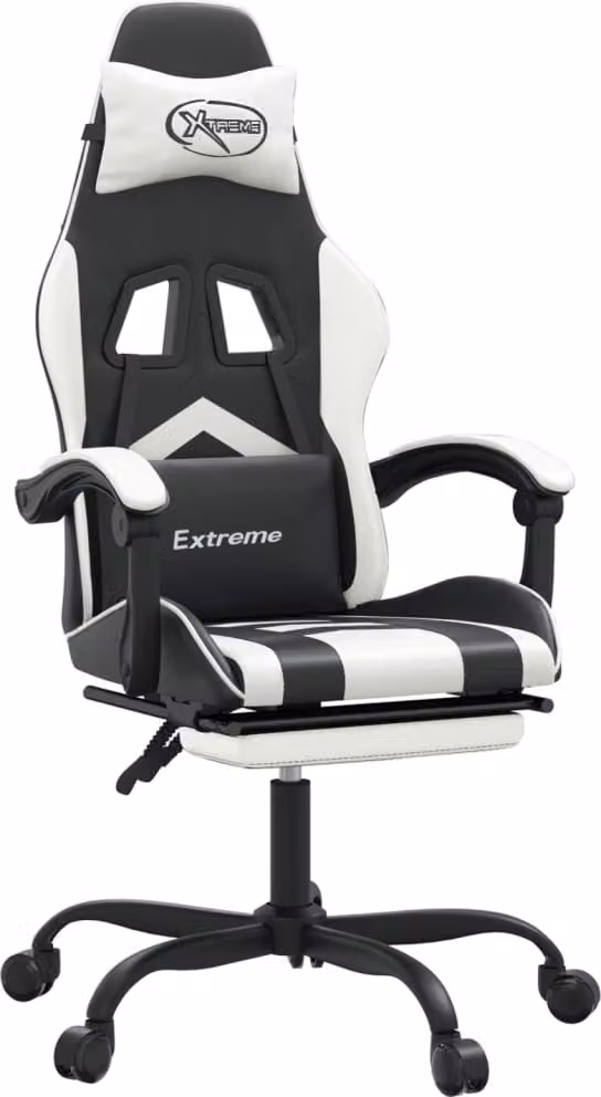 Sedia da Gaming con Poggiapiedi Nero e Bianco in Pelle finta
