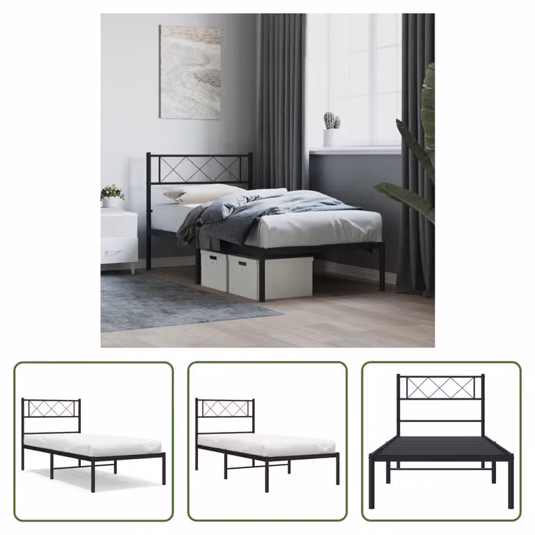The Living Store Struttura letto con testiera in metallo nero 100x190 cm