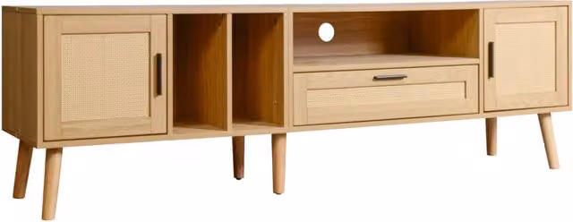 Mobile TV 180 cm con Decorazioni in Rattan, 2 Ante, 1 Cassetto e Piedi in Legno Massiccio, Supporta TV fino a 80 Pollici
