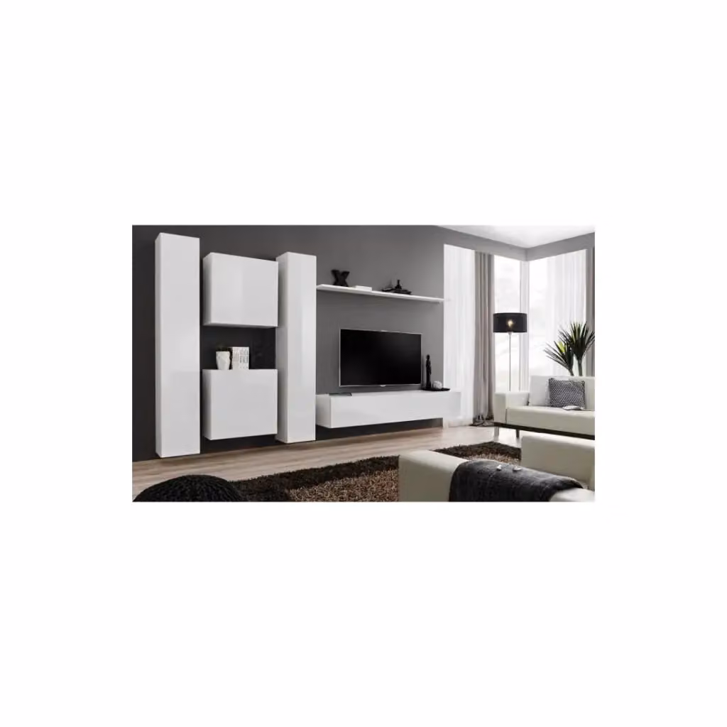 Composizione murale SWITCH VI Meublorama con mobile TV colonne e cubi sospesi Bianco lucido L: 330 cm, H: 180 cm, P: 40 cm – 2