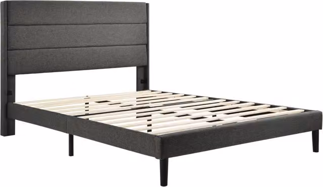 Letto Matrimoniale Imbottito 140x200 cm con Rete a Doghe e Testiera, Rivestimento in Tessuto Lino Grigio Scuro