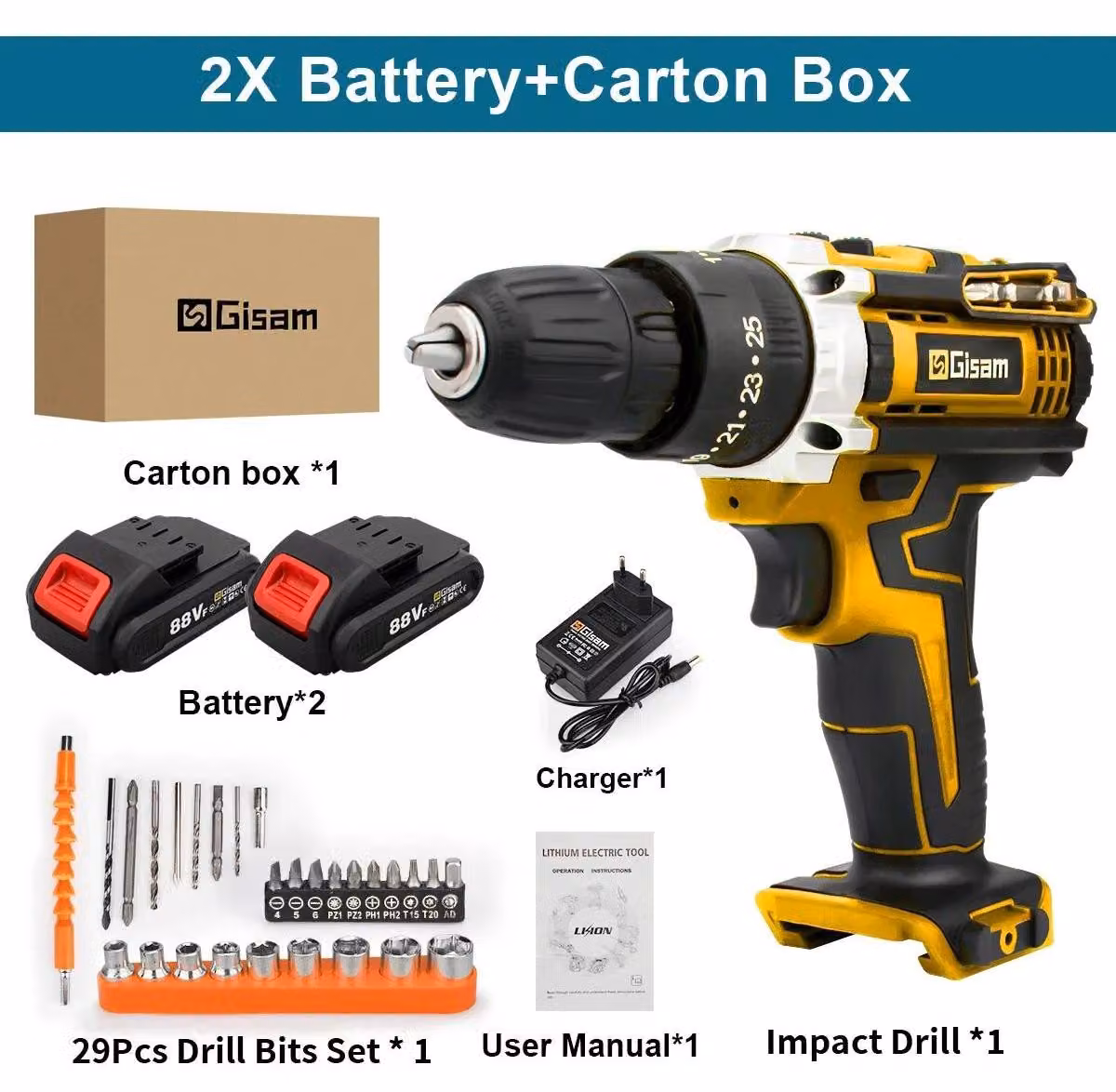 Trapano avvitatore / Avvitatore a batteria - Senza fili - 21 V - 28 Nm - Fino a 1600 giri/min - Motore a spazzole - Con batteria - Scatola di cartone - Beige