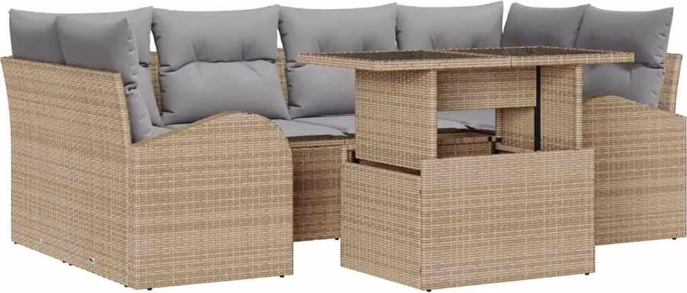 Set Divano da Giardino con cuscino 7 pcs Beige Poly Rattan