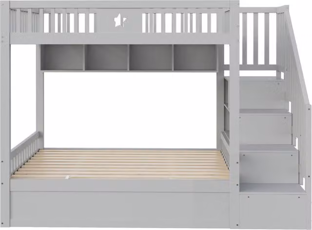 Letto a castello Chicfurn moderno in legno grigio con letto inferiore idraulico, scala contenitore e ripiani, L/P: 140 x 200 cm