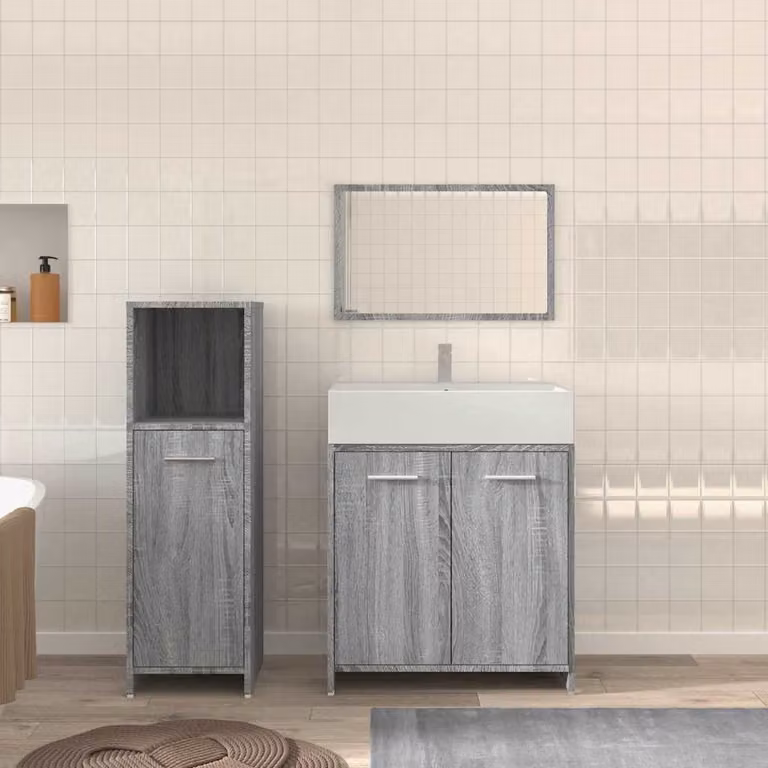 Set di mobili da bagno vidaXL in legno multistrato grigio composto da 3 pezzi con mobile lavabo, pensile con specchio e mobiletto laterale
