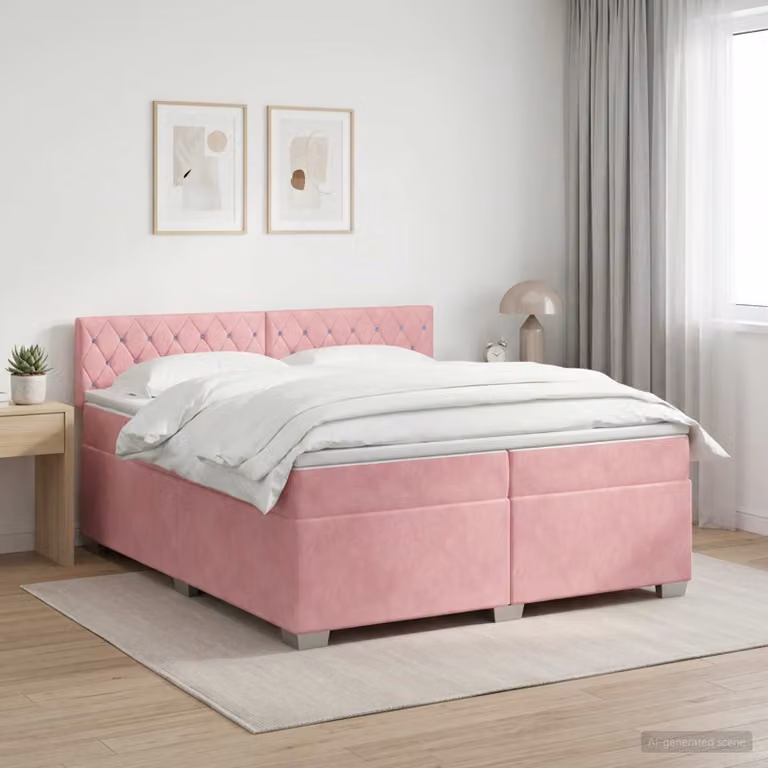 Letto box spring con materasso ibrido vidaXL in velluto rosa, L/P/H: 200 x 200 x 46 cm