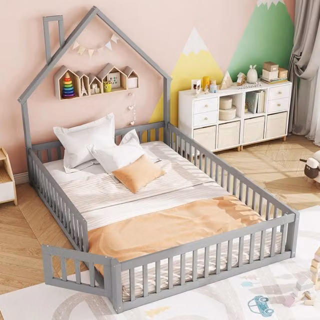 Letto per bambini OKWISH a forma di casetta con barriera di sicurezza, in legno di pino e MDF, grigio, L/P/H: 205 x 140 x 145 cm