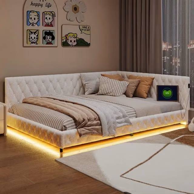 Divano letto matrimoniale 140x200 cm con luce LED; letto imbottito con USB; testiera in pile effetto teddy beige; letto a forma di L per ragazzi