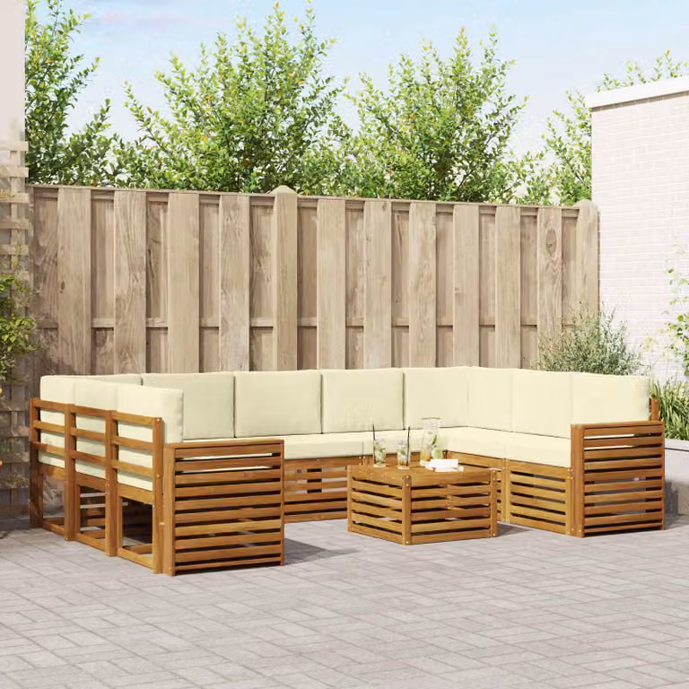 Set di divani da esterno vidaXL in legno di acacia con cuscini, composizione a L con tavolino, colore marrone, beige e bianco