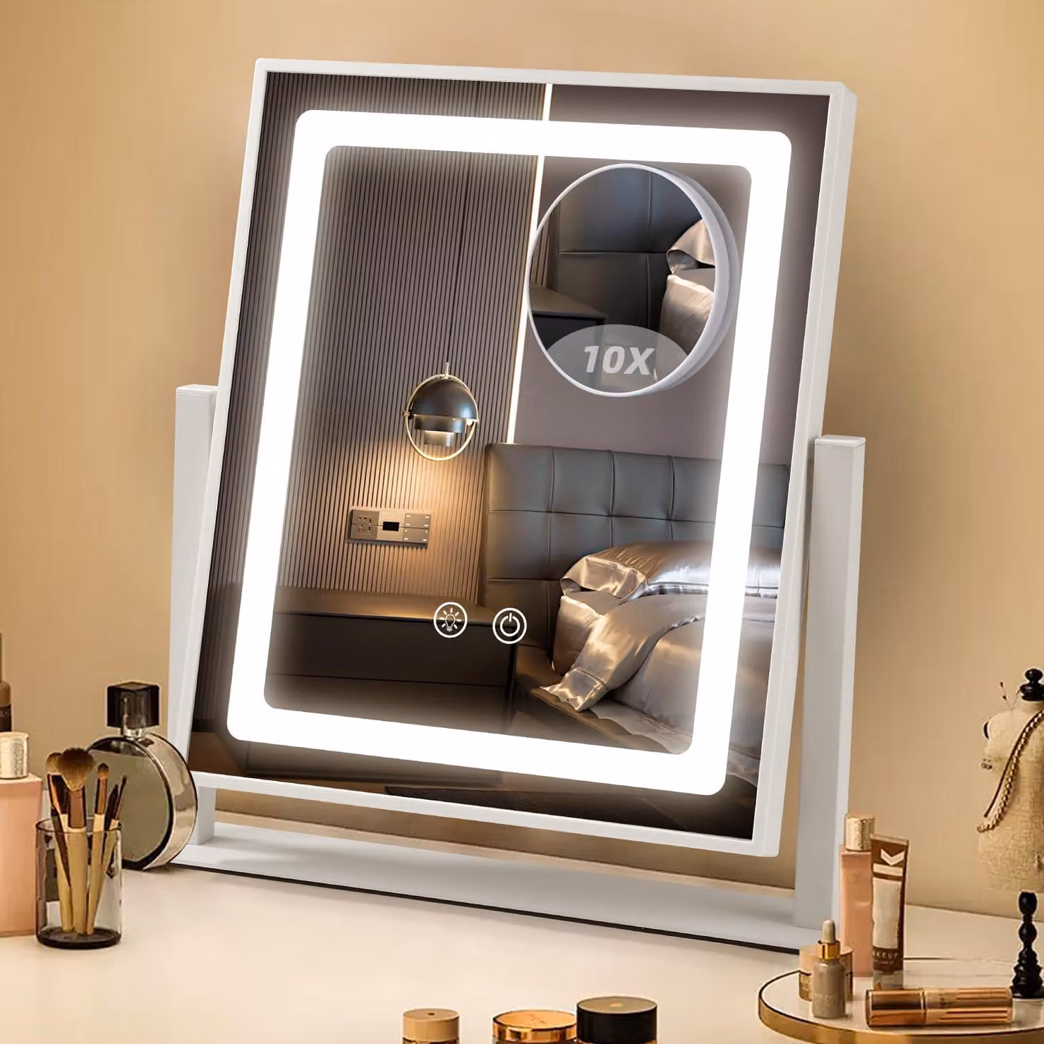 Specchio per trucco con luci LED, 3 colori, dimmerabile, ingrandimento 10x, rotazione a 360°