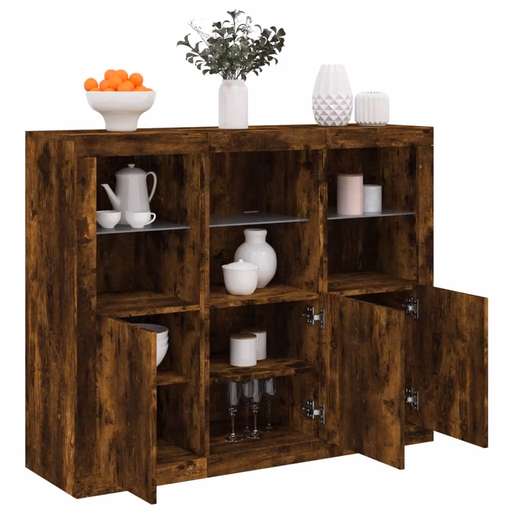 Set di 3 credenze moderne vidaXL con luci LED integrate in legno color rovere fumo marrone