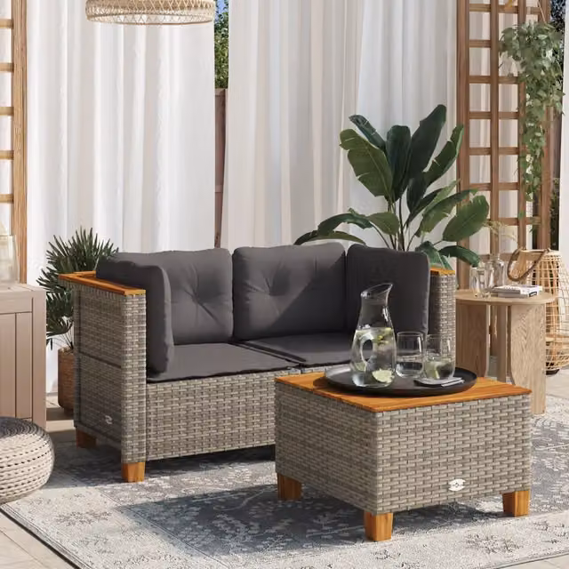 Divano Angolare da Giardino a 2 Posti vidaXL in Polyrattan e Legno di Acacia Grigio con Cuscini Rimovibili