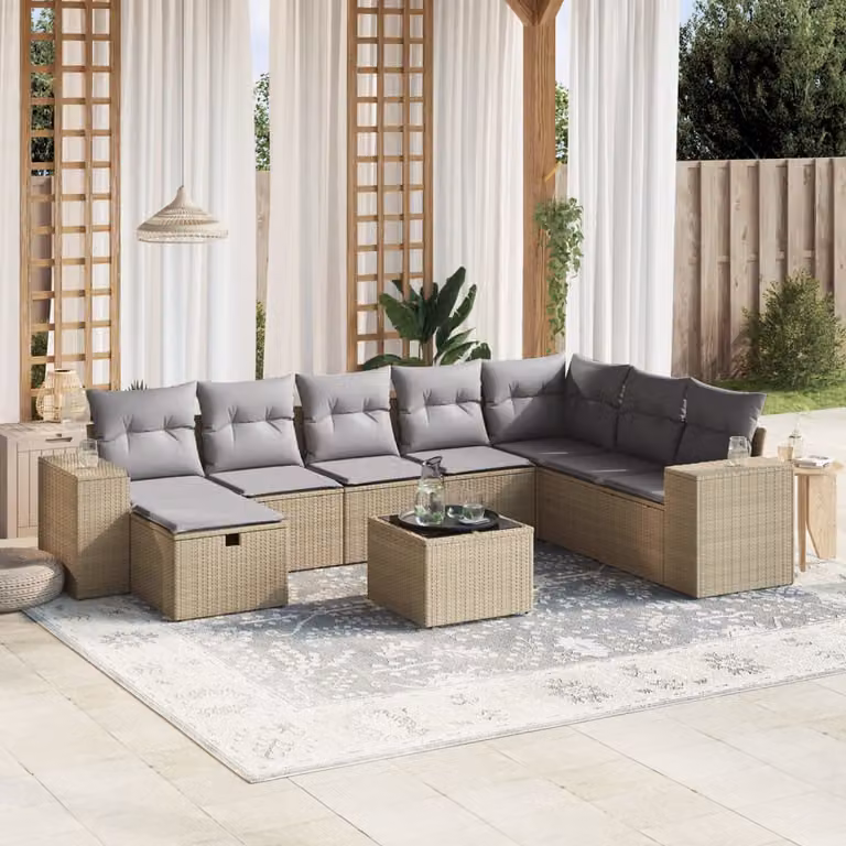 vidaXL Set Divano da Giardino 9 pz a Forma a L con Cuscini Beige e Grigio in Polyrattan e Acciaio