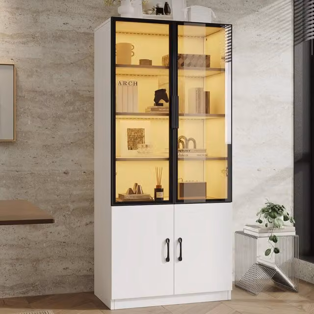 Vetrina 60x40x160 cm in vetro fumé e alluminio, con illuminazione LED, libreria e 2 porte inferiori. Mobile espositivo tipo sideboard