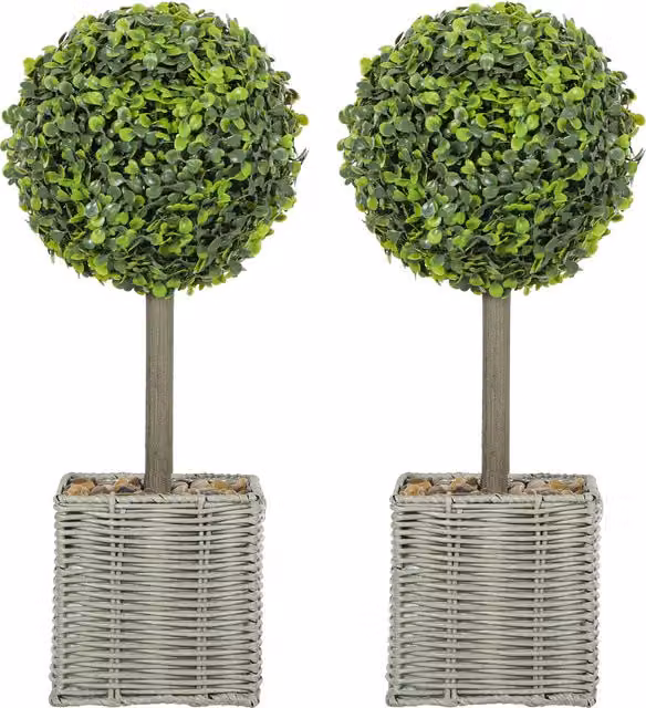 Set da 2 Piante Artificiali Decorative HOMCOM, Sfere di Bosso Verde con Vaso in Plastica Intrecciata e Ciottoli, Altezza: 50 cm – 1
