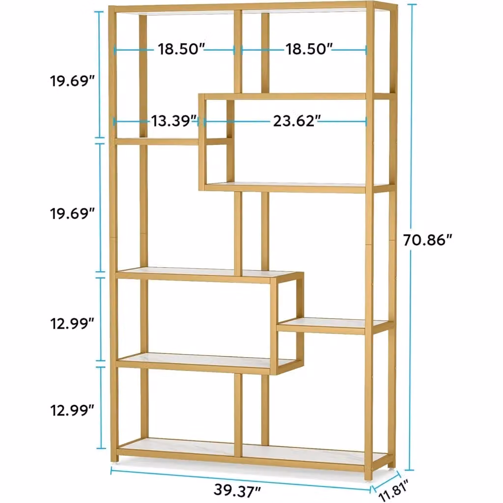 Libreria moderna REDOM con 8 ripiani in metallo e legno, design geometrico, colore oro e bianco effetto marmo, H 180 x L 100 x P 20 cm – 2