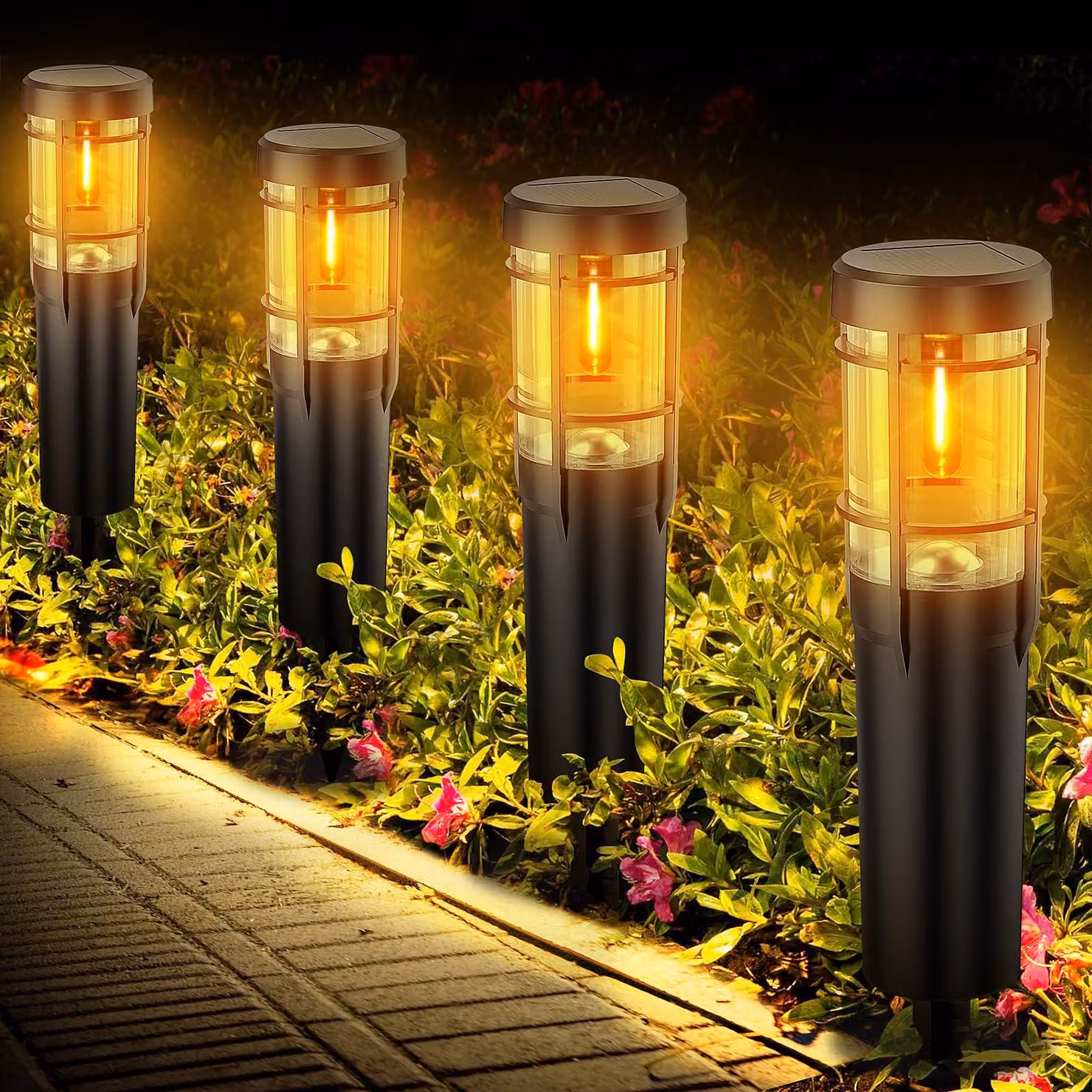 Set di 4 luci solari a LED, luce bianco caldo, grado di protezione IP65, adatte per giardino e vialetto