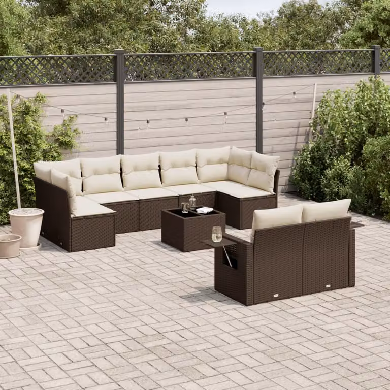 Set di Divani da Giardino vidaXL 10 Pezzi in Polyrattan Marrone con Cuscini e Tavolino da Esterno