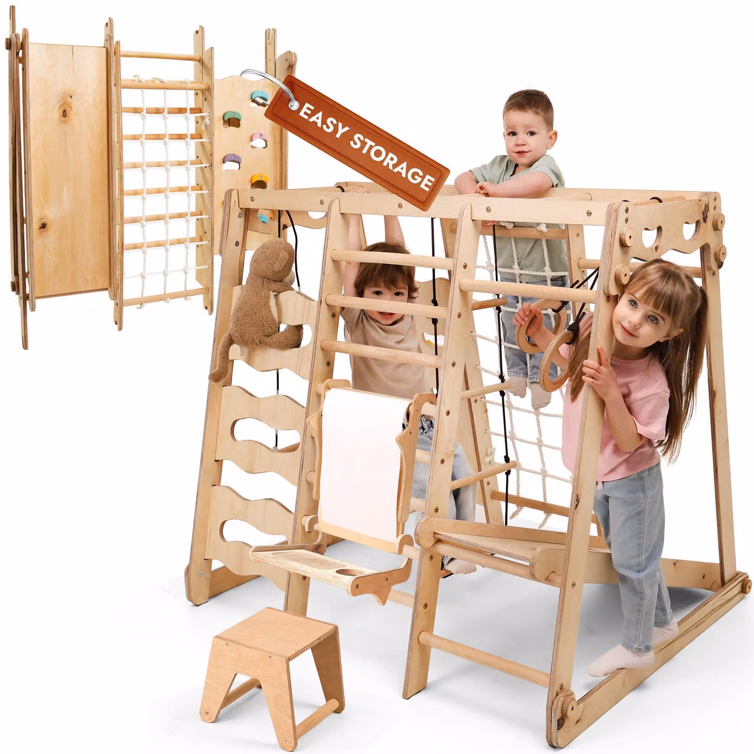 Struttura da arrampicata 9 in 1 migliorata per interni: parco giochi Montessori con scivolo, altalena, parete da arrampicata, triangolo da arrampicata e set artistico per la cameretta dei bambini