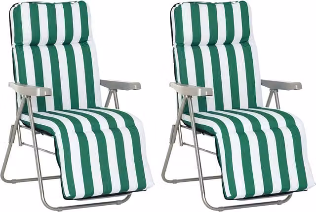Set di 2 Lettini Prendisole Pieghevoli Xylo con Cuscini Imbottiti a Righe Verde e Bianco – 1