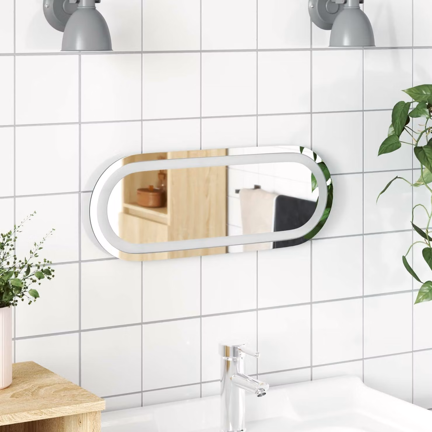Specchio da bagno moderno vidaXL con luce LED in vetro temperato trasparente, L 40 cm x H 15 cm