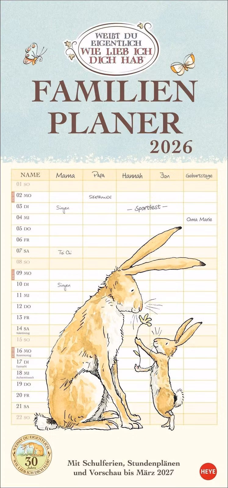 Calendario da parete per la famiglia 2026, con 5 colonne e illustrazioni