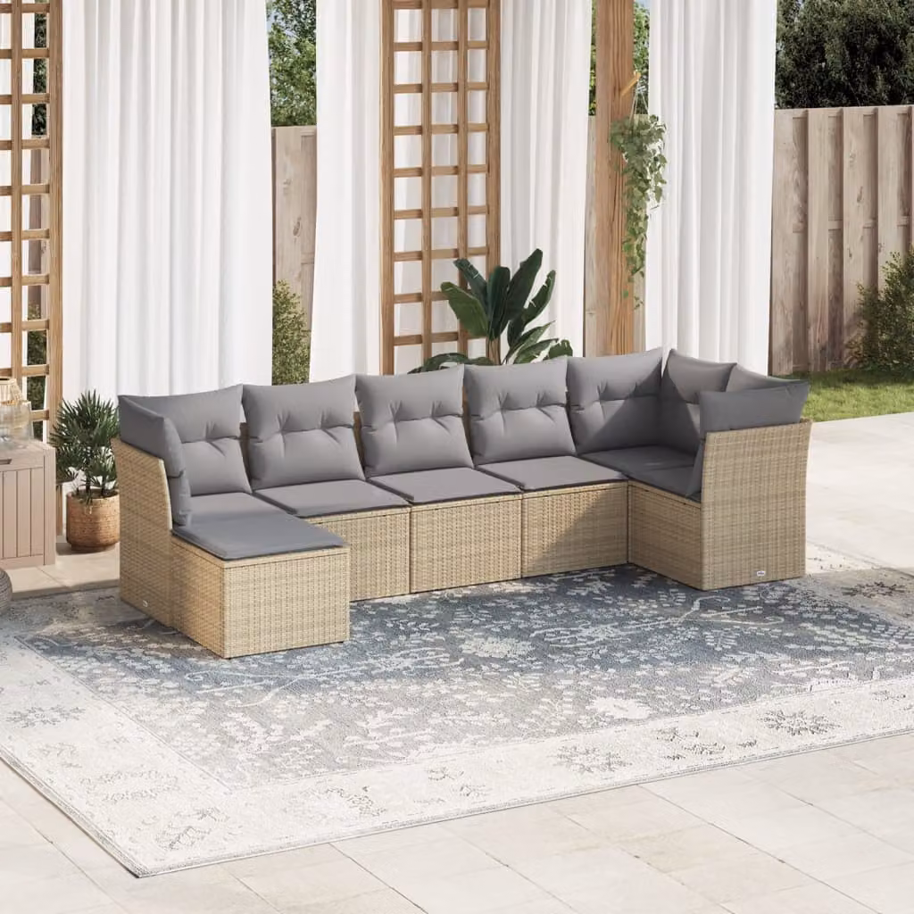 Set di divani da giardino vidaXL in polyrattan beige con cuscini e pouf 7 pezzi – 1