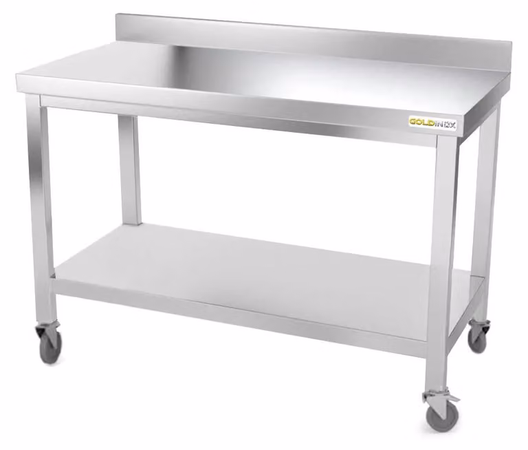 Tavolo da lavoro in acciaio inossidabile, dimensioni 1500 x 500 mm, montato su rotelle, modello PREMIUM - GOLDINOX