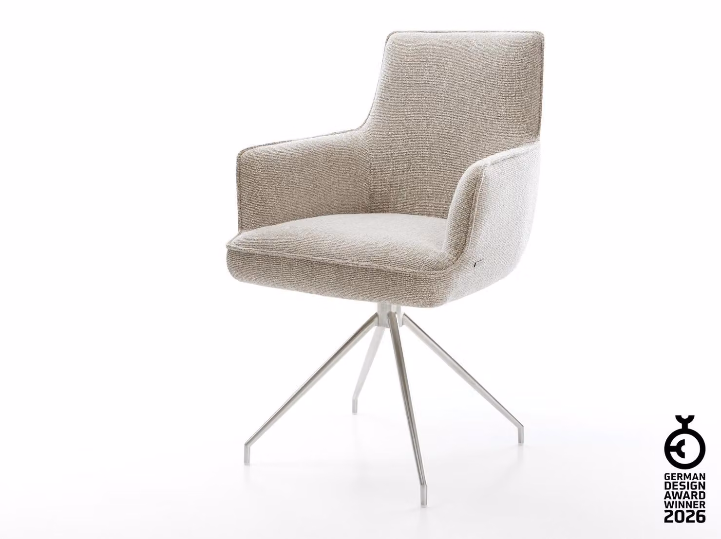 DELIFE sedia da pranzo Heira-Flex con braccioli in tessuto morbido beige struttura trasversale conica in acciaio inox con nucleo a molle insacchettate