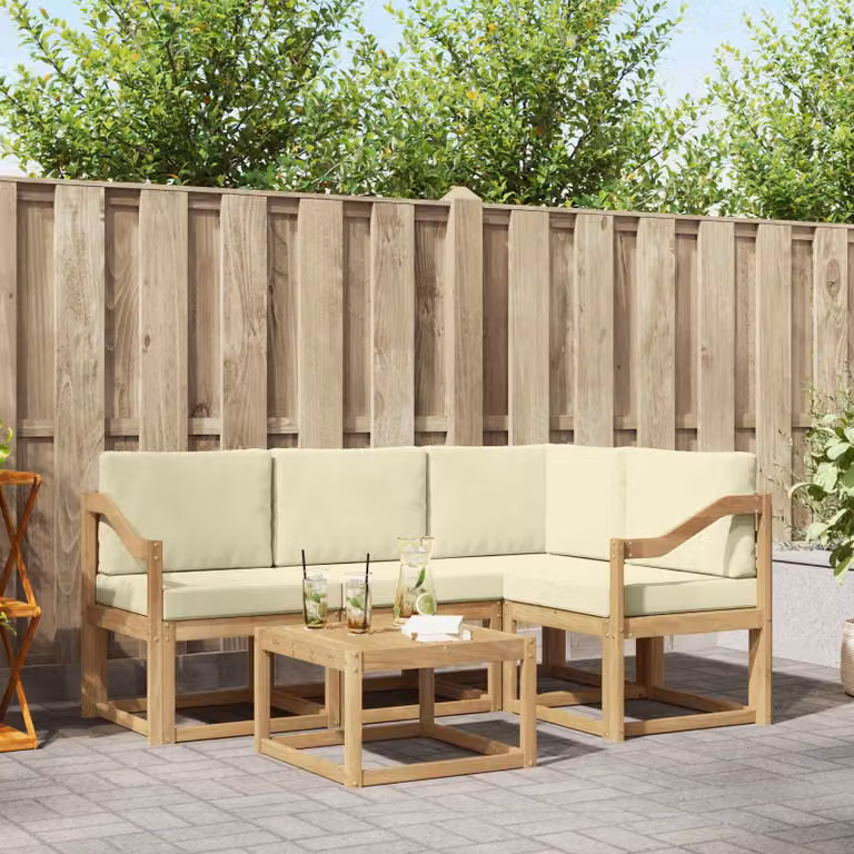 vidaXL Set di divani da esterno a L con tavolino da giardino in legno di acacia, 5 pezzi, Bianco e Beige