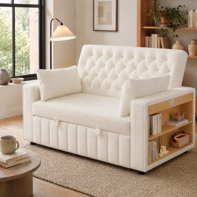 Divano letto 2 posti in chenille beige 140x137x84 cm con USB e schienale reclinabile