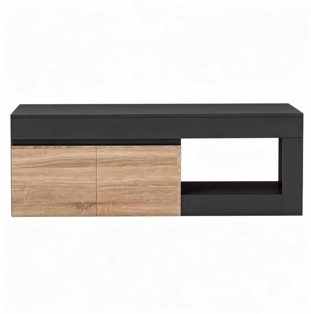 Mobile TV in particelle di legno con 2 ante e ripiano aperto per TV fino a 60 pollici, nero e rovere naturale, 140x40x48 cm