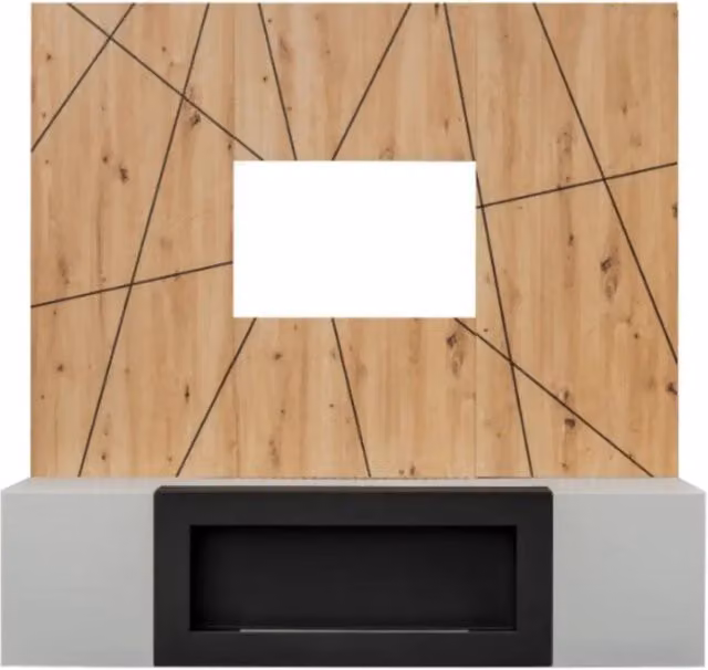 Composizione murale IXAR geometrica – Mobile TV + pannelli murali decorativi + camino bio-etanolo