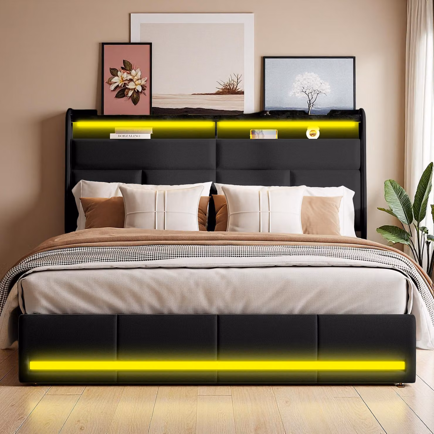 Letto imbottito nero 160x200 cm in PU, con luci LED e porte USB, rete a doghe ad apertura idraulica, ampio spazio per riporre le cose (senza materasso)