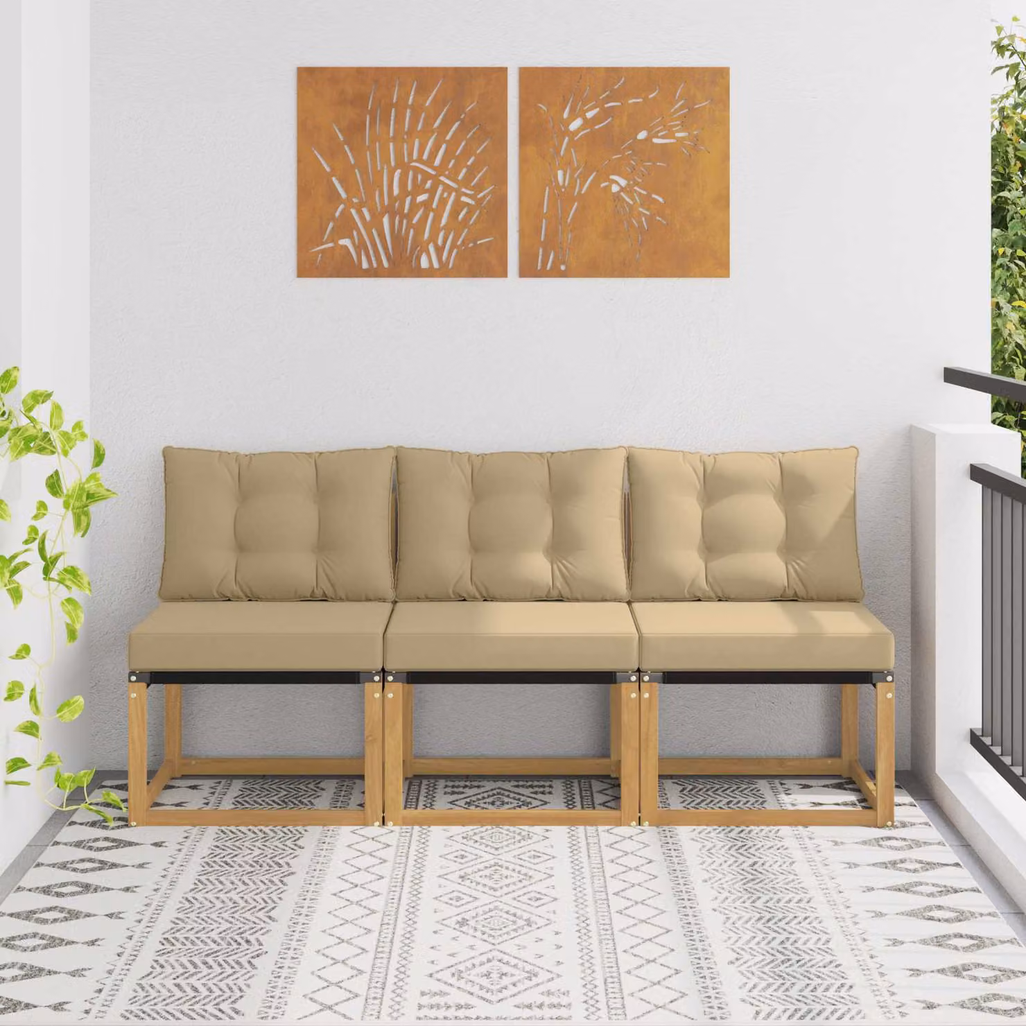 Set di 3 divani centrali da esterno vidaXL in legno di acacia e tessuto, colore bianco/beige, stile moderno per giardino e terrazzo